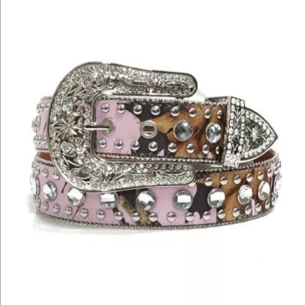 Blazin Roxx Ladies Western Mossy Oak Pink Camo Bling Rodeo Belt Size M